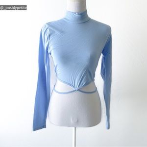 Baby Blue wrapped tie lace up turtleneck long sleeve crop top